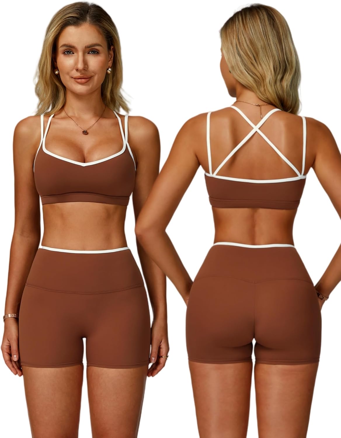ABOCIW Workout Sets for Women 2 Piece Color Block Strappy Sports Bra High Waist Shorts Gym Yoga Pilates Outfits